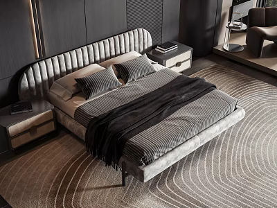 Modern Double Bed with Velvet Headboard Striped Bedding Black Blanket Nightstands and Wavy Rug 3d model