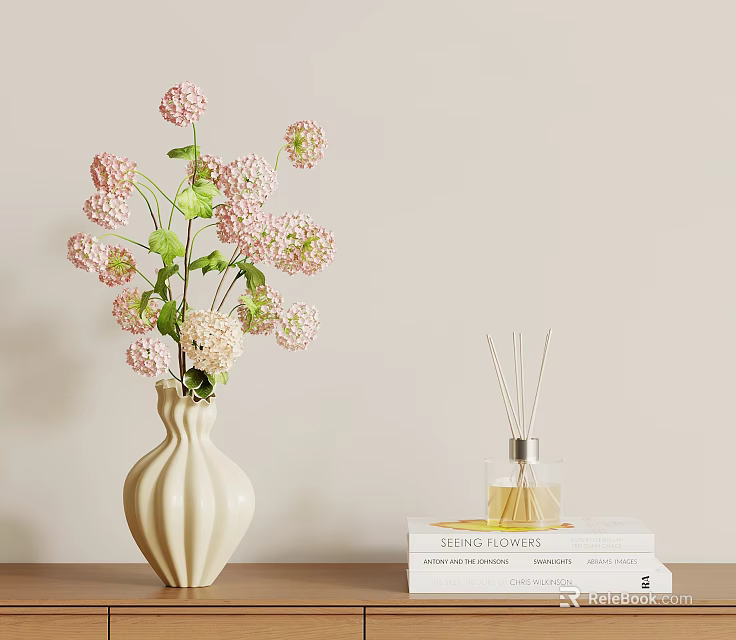 Cream Ceramic Vase with Pink Blossoms Green Leaves and Diffuser on Tabletop 3d model