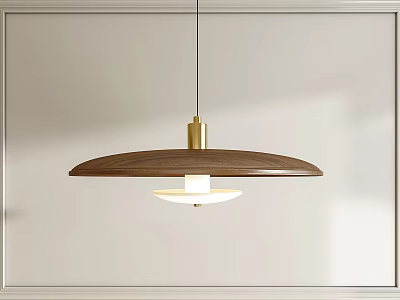 Modern Wooden Pendant Light with Brass Accent and White Glass Shade in Minimalist Interior 3d model
