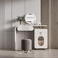 Elegant Modern White Vanity Table With Round Mirror Vase Drawers And Stool 3d model