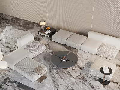 Elegant Modern Sofa Coffee Table Set With Light Gray Textured Upholstery Round Table And Ottoman 3d model