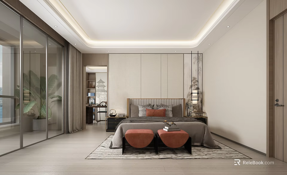 Modern Luxury Bedroom Interior With Bed Orange Stools Rug And Decor 3d model 