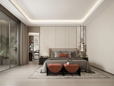 Modern Luxury Bedroom Interior With Bed Orange Stools Rug And Decor 3d model