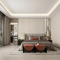 Modern Luxury Bedroom Interior With Bed Orange Stools Rug And Decor