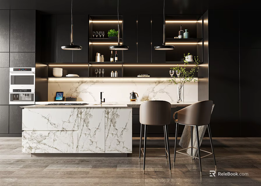 Modern Black Kitchen With Marble Island Hanging Lights And Bar Stools 3d model 