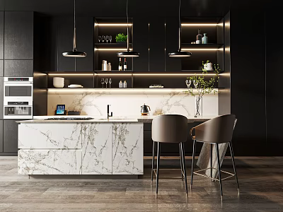 Modern Black Kitchen With Marble Island Hanging Lights And Bar Stools 3d model