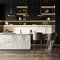 Modern Black Kitchen With Marble Island Hanging Lights And Bar Stools