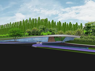 Luxury Entrance Gate Surrounded by Lush Green Trees and Water Feature With Modern Design 3d model