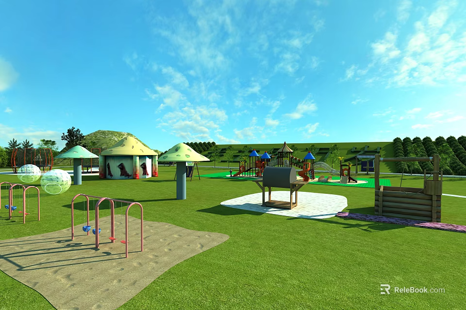 Playground With Green Lawn Sand Area Red Blue Play Equipment Pavilions And Trees Under Blue Sky 3d model 