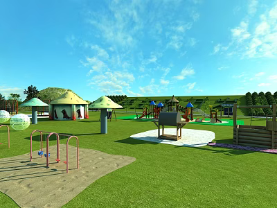 Playground With Green Lawn Sand Area Red Blue Play Equipment Pavilions And Trees Under Blue Sky 3d model