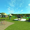 Playground With Green Lawn Sand Area Red Blue Play Equipment Pavilions And Trees Under Blue Sky