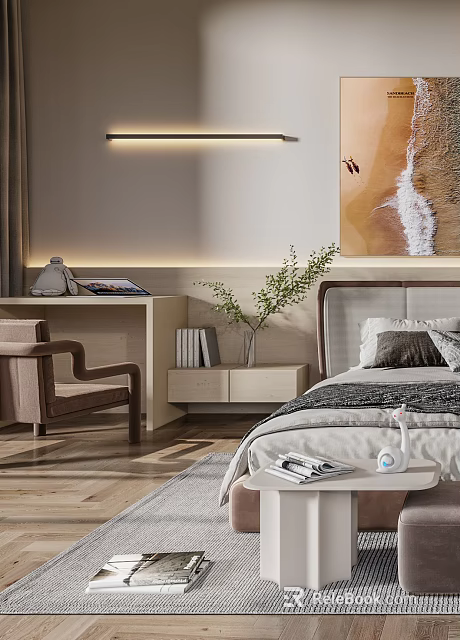Modern Minimalist Bedroom Featuring Comfortable Bed Nightstand Plants Desk Chair And Beach Painting 3d model 