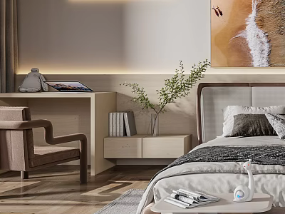 Modern Minimalist Bedroom Featuring Comfortable Bed Nightstand Plants Desk Chair And Beach Painting 3d model