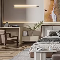 Modern Minimalist Bedroom Featuring Comfortable Bed Nightstand Plants Desk Chair And Beach Painting
