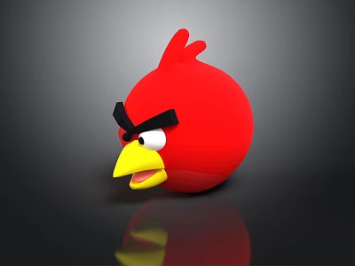 Red Angry Bird Cartoon Character With Black Eyebrows And Yellow Beak On Reflective Background 3d model