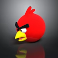 Red Angry Bird Cartoon Character With Black Eyebrows And Yellow Beak On Reflective Background