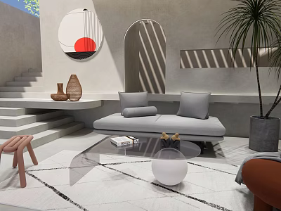 Modern Living Room Interior With Circular Mirror Arched Doorway Gray Sofa And Glass Coffee Table 3d model