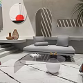 Modern Living Room Interior With Circular Mirror Arched Doorway Gray Sofa And Glass Coffee Table