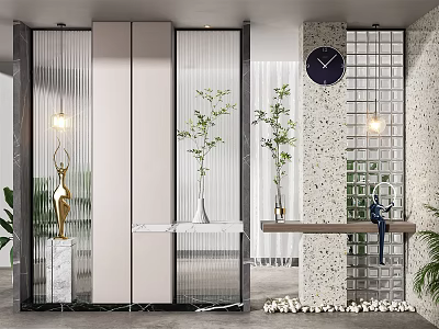 Modern Interior Partition With Striped Glass And Decorative Plants Near Wall Clock 3d model