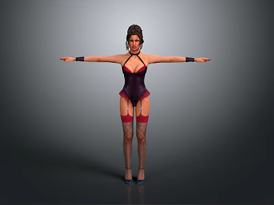 Woman In Purple Corset Red Garters Fishnet Stockings And High Heels Posing With Arms Outstretched 3d model