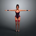 Woman In Purple Corset Red Garters Fishnet Stockings And High Heels Posing With Arms Outstretched