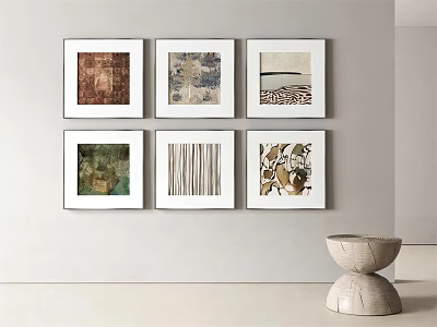 Six Modern Abstract Oil Paintings Hanging On Light Colored Wall With Decorative Bowl 3d model