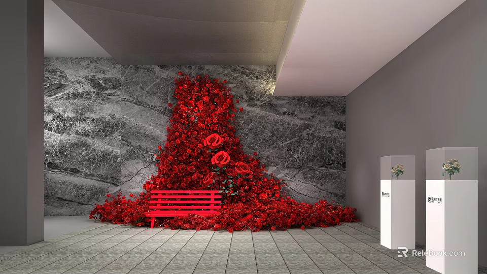 Red Flower Wall Decor With Red Bench And Gray Marble Background White Display Cabinet 3d model 