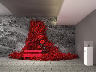 Red Flower Wall Decor With Red Bench And Gray Marble Background White Display Cabinet 3d model