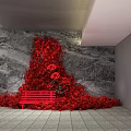 Red Flower Wall Decor With Red Bench And Gray Marble Background White Display Cabinet