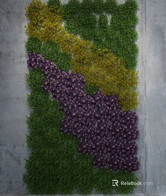 Living Plant Wall Design With Green Purple Yellow Plants On Gray Wall Background 3d model 