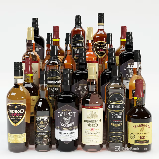 Various Wine Bottles and Glasses Display Collection with Different Liquor Brands on Table 3d model 