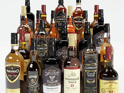 Various Wine Bottles and Glasses Display Collection with Different Liquor Brands on Table 3d model