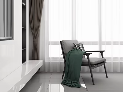 Modern Single Armchair with Green Blanket and Black White Checkered Cushion by White Window Curtain 3d model