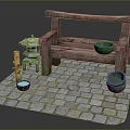 Rustic Wooden Bench On Mossy Cobblestone Floor With Green Bowls And Small Steps