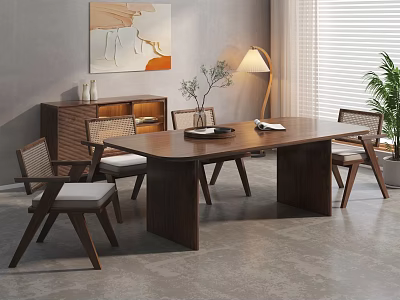 Modern Wooden Dining Table Set With Woven Back Chairs Sideboard Abstract Painting Floor Lamp 3d model
