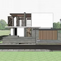 Modern Detached Villa Exterior With Large Glass Windows Garage Landscaped Garden And Trees