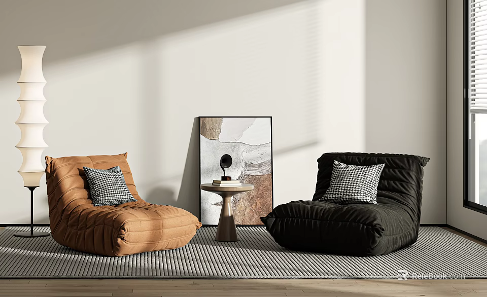 Cozy Orange Black Bean Bag Chairs in Modern Living Room With Side Table Wall Art 3d model 