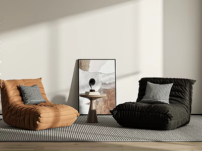 Cozy Orange Black Bean Bag Chairs in Modern Living Room With Side Table Wall Art 3d model