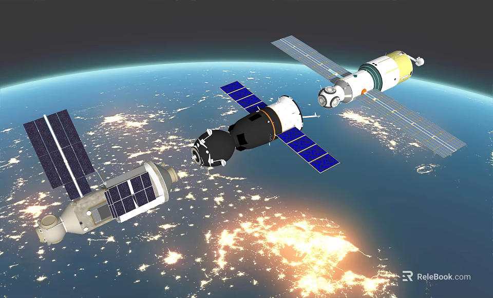 Multiple Space Station Modules With Solar Panels Orbiting Earth Surface 3d model 