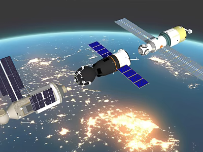 Multiple Space Station Modules With Solar Panels Orbiting Earth Surface 3d model
