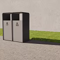 Modern Trash Bins Placed On Gray Pavement With White Wall And Green Grass