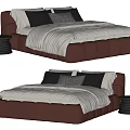 Comfortable Double Bed With Brown Upholstered Frame Gray Sheets Pillows And Round Side Table