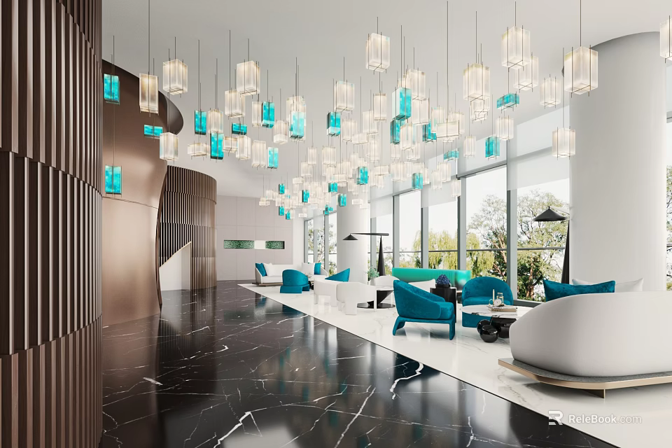 Modern Luxury Leisure Area With Blue Sofas Hanging Pendant Lights And Marble Flooring 3d model 