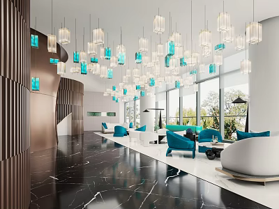 Modern Luxury Leisure Area With Blue Sofas Hanging Pendant Lights And Marble Flooring 3d model