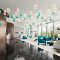 Modern Luxury Leisure Area With Blue Sofas Hanging Pendant Lights And Marble Flooring