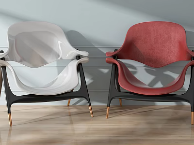 Modern Single Chairs With White And Red Upholstery Black Frames And Gold Legs 3d model