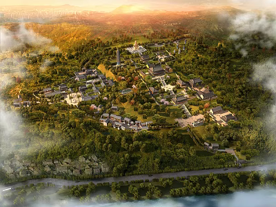 Aerial Planning Of Large Estate With Lush Greenery Buildings Mountains Clouds Roads And Waterfront 3d model