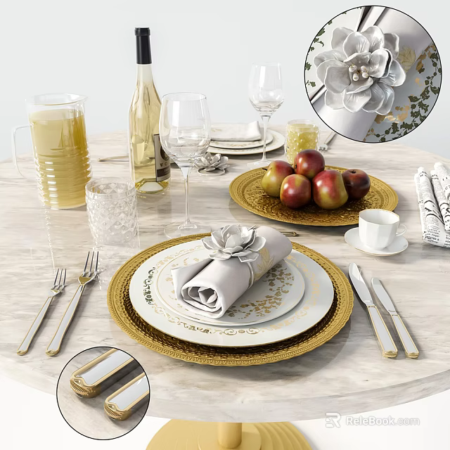 Elegant Dinnerware Set With Gold Rimmed Plates Folded Napkins Glassware And Apples On Marble Table 3d model 
