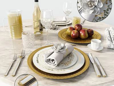 Elegant Dinnerware Set With Gold Rimmed Plates Folded Napkins Glassware And Apples On Marble Table 3d model