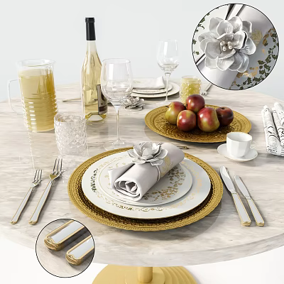 Elegant Dinnerware Set With Gold Rimmed Plates Folded Napkins Glassware And Apples On Marble Table 3d model
